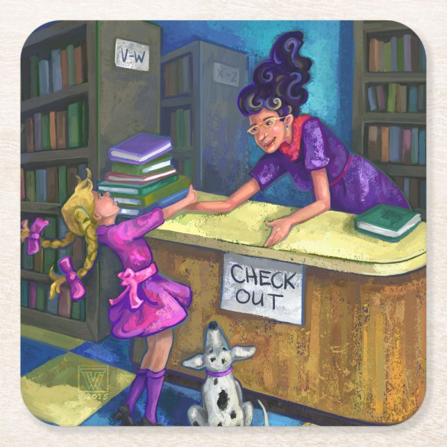 Checka ut bibliotek underlägg papper kvadrat (Framsidan)