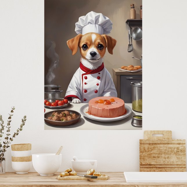 Checka Valp Chef Baking in Kitchen Cute Hund Poster (Kök)