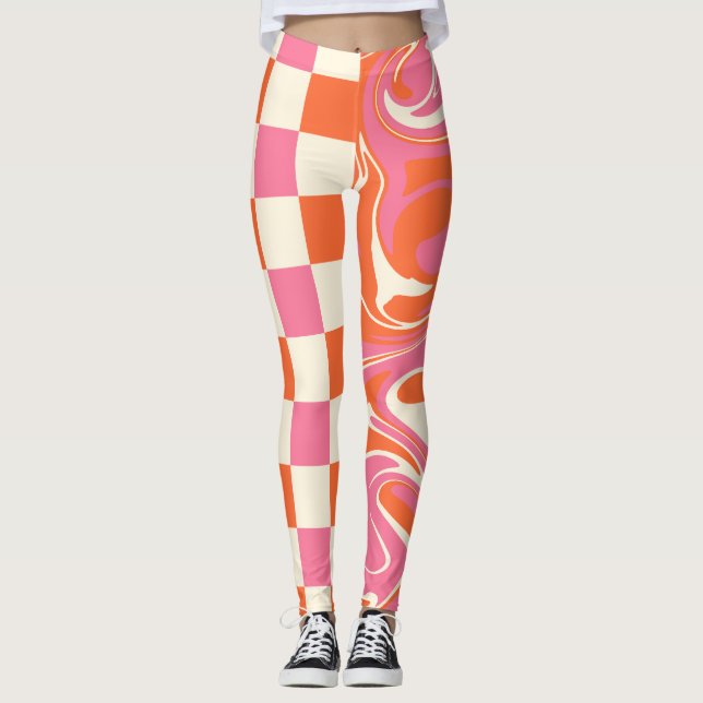 Checkar och trådar - Rosa, Orange och kream Leggings (Framsida)