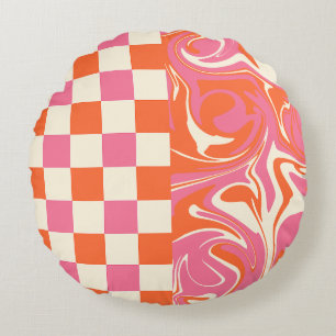 Checkar och trådar - Rosa, Orange och kream Rund Kudde
