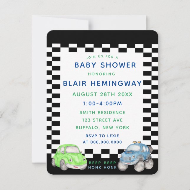 Checkat Flagga Watercolor Cars Boy Shower Inbjudningar (Framsida)