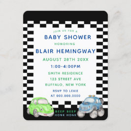 Checkat Flagga Watercolor Cars Boy Shower Inbjudningar