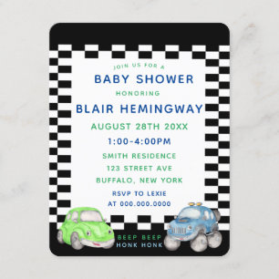 Checkat Flagga Watercolor Cars Boy Shower Inbjudningar