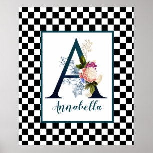 Checkboard Finare Blommigt Monogram Brev A Poster