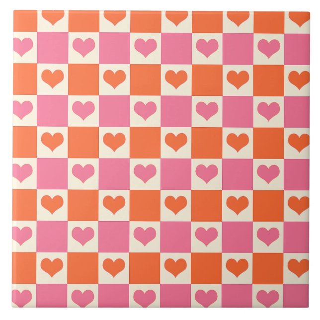 Checkboard Hearearin in Rosa, Orange och Cream Kakelplatta (Framsidan)