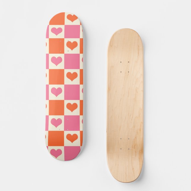 Checkboard Hearearin in Rosa, Orange och Cream Mini Skateboard Bräda 18,5 Cm (Framsida)
