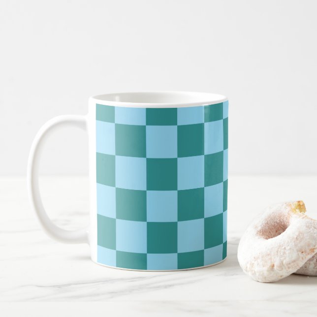 Checkboard Mönster Grönt & Blue Kaffemugg (Med munk)