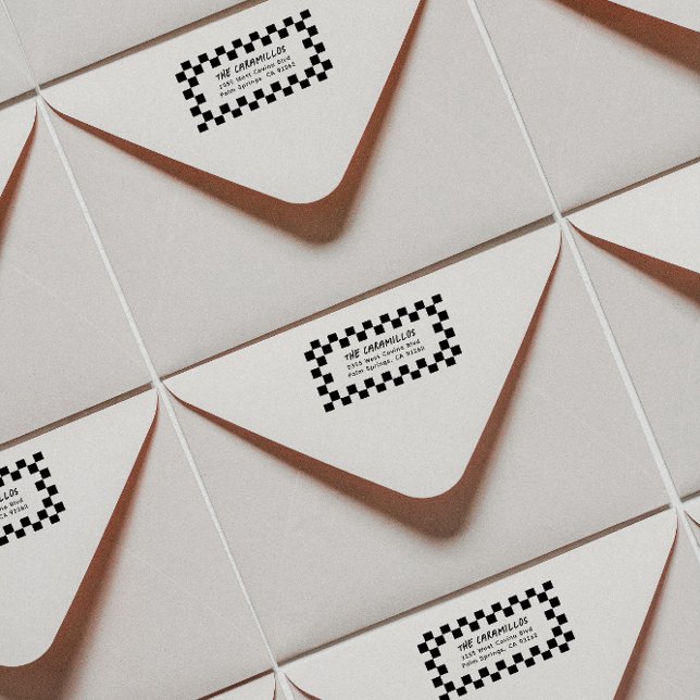 Checkboard-Returadress Stämpel (modern checkerboard framed address stamp for a gen x or 90s kid with skater style)