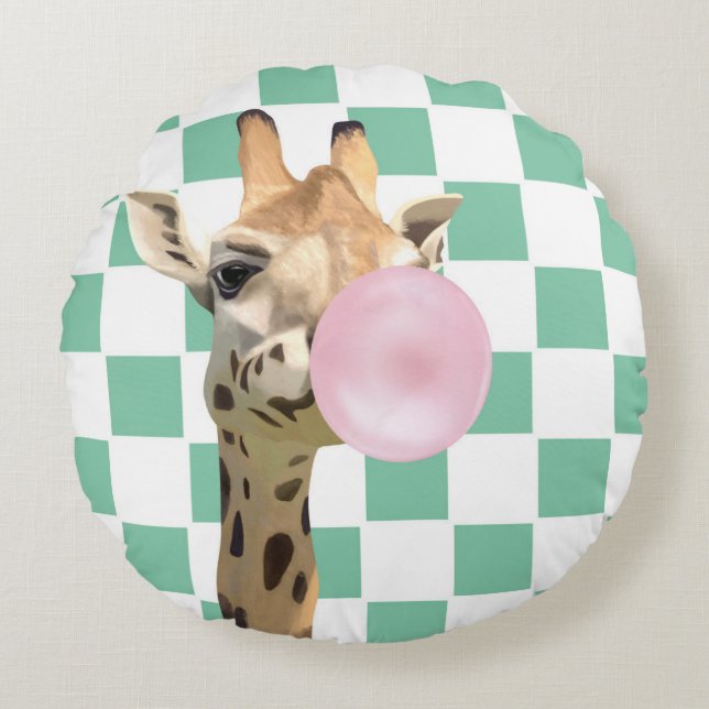 Checkboard Rosa Bubblegum Blowing Giraffe Rund Kudde (Framsidan)