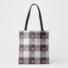 Checked Pink Roses Tote Tygkasse