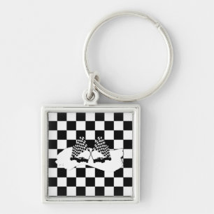 Checker Flagga och Tävling Cars Fyrkantig Silverfärgad Nyckelring