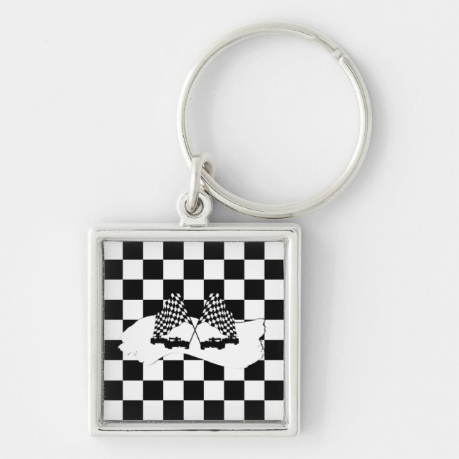 Checker Flagga och Tävling Cars Fyrkantig Silverfärgad Nyckelring (Framsidan)