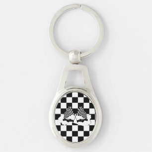 Checker Flagga och Tävling Cars Ovalt Silverfärgad Nyckelring