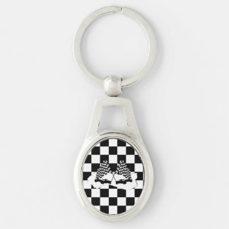Checker Flagga och Tävling Cars Ovalt Silverfärgad Nyckelring