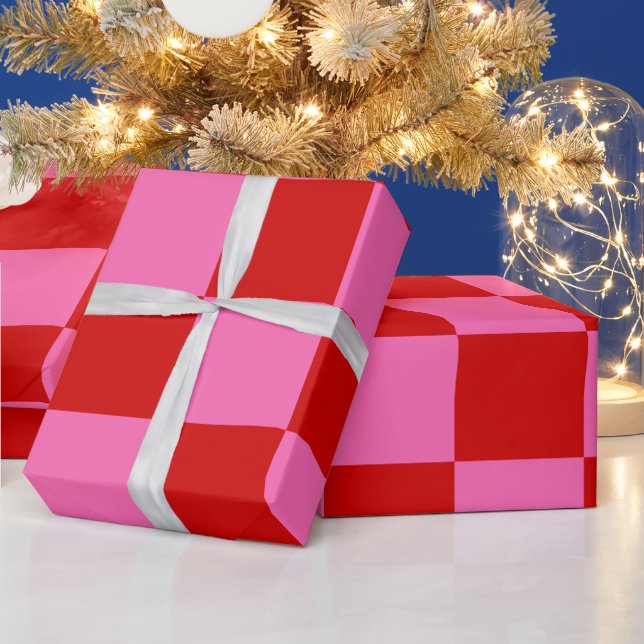 Checker för fyrkanter, DIY Färg Red Shock rosa Presentpapper (Helgdagar)