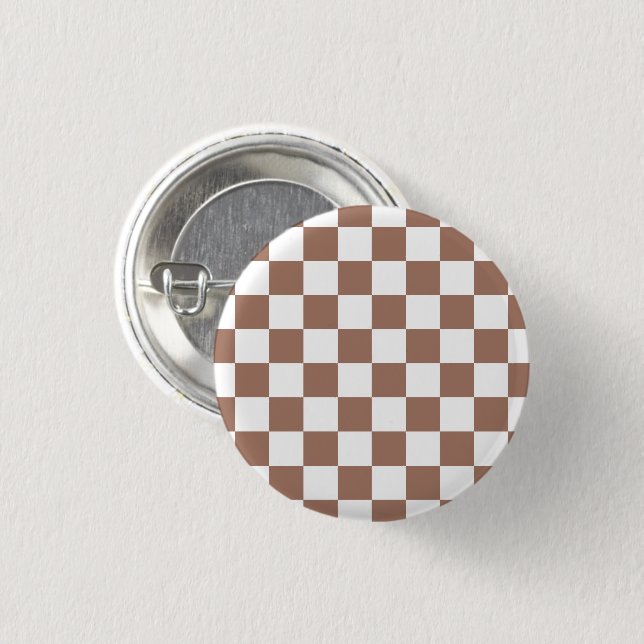 Checker-kvadrater, mocha brun vit geometrisk retro knapp (Framsida & baksida)