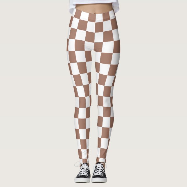 Checker-kvadrater, mocha brun vit geometrisk retro leggings (Framsida)