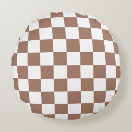 Checker-kvadrater, mocha brun vit geometrisk retro rund kudde