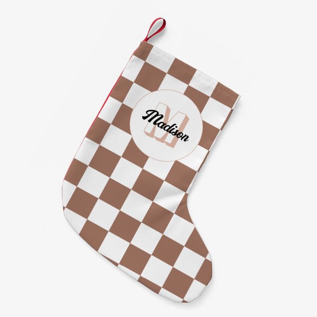 Checker-kvadrater, mocha brunvita retro Monogram Liten Julstrumpa (Framsidan (Hängande))