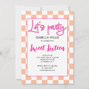 Checker shock rosa persikovit lets party Sweet 16 Inbjudningar