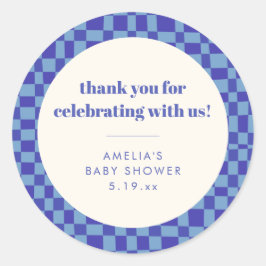 Checkerboard Blue Custom Baby Shower Thank You Runt Klistermärke