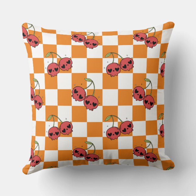 Checkerboard Cherry Skull - Cute Kawaii Vibes Kudde (Baksida)