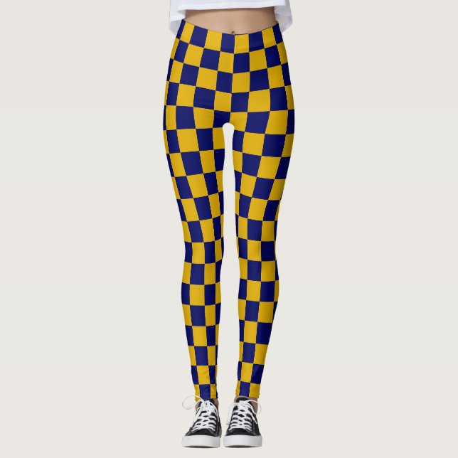 Checkerboard för mörk Navy och Mustard Gult Leggings (Framsida)
