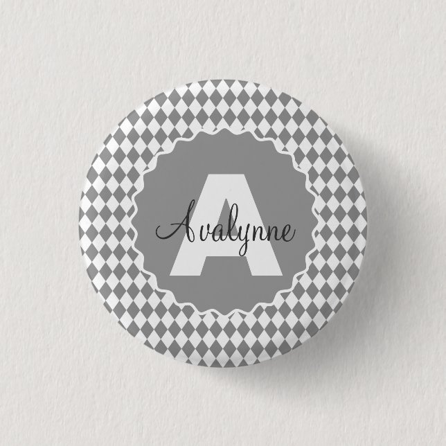 Checkerboard Grayscale med Monogram Namn Knapp (Framsida)