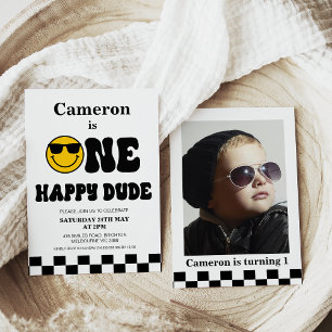 Checkerboard Photo One Lycklig, 1:a födelsedag Inbjudningar