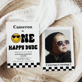 Checkerboard Photo One Lycklig, 1:a födelsedag Inbjudningar