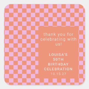 Checkerboard Rosa Orange Anpassningsbar Birthday T Fyrkantigt Klistermärke