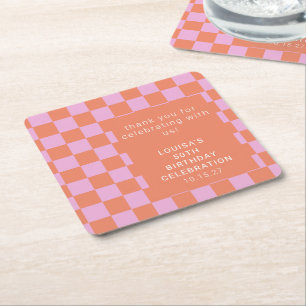 Checkerboard Rosa Orange Anpassningsbar Birthday T Underlägg Papper Kvadrat