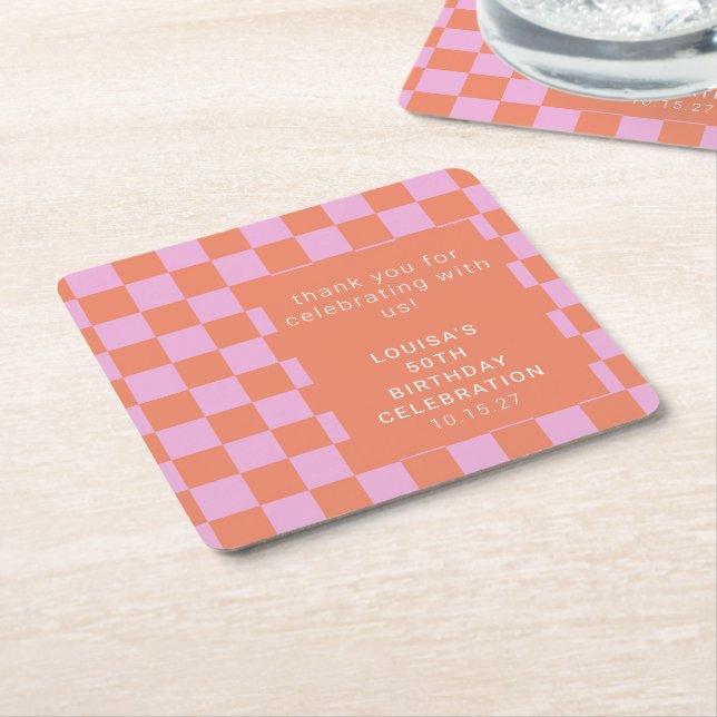 Checkerboard Rosa Orange Anpassningsbar Birthday T Underlägg Papper Kvadrat (Vinklad)