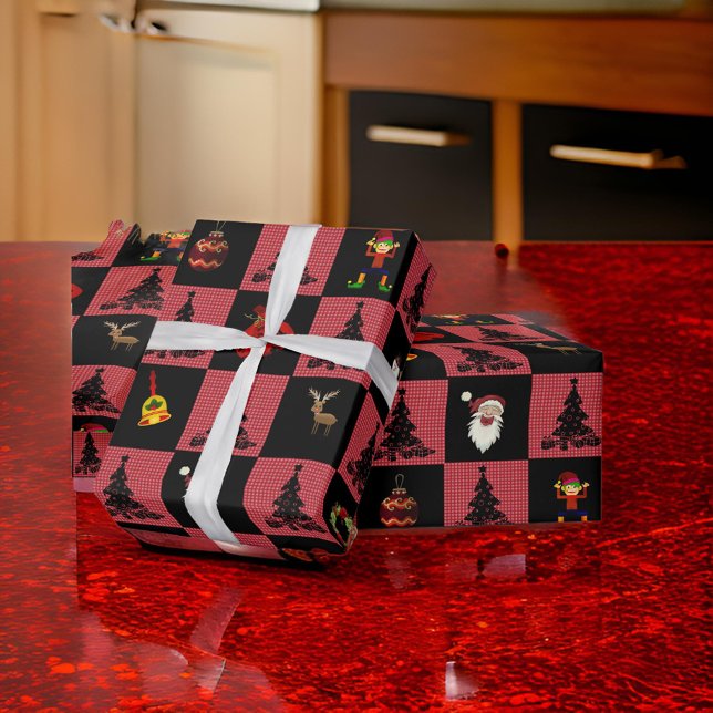 Checkerboard Santa Snögubbe WandeBlack Red Presentpapper (Skapare uppladdad)