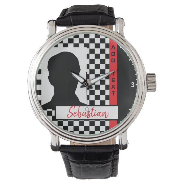 Checkerboard Tävla Flagga Red Line Tävling Photo Armbandsur (Framsida)