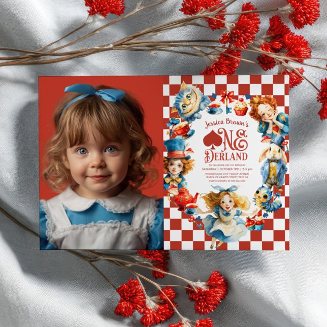 Checkered Alice in ONEDERLAND 1st Birthday Photo Inbjudningar (Skapare uppladdad)