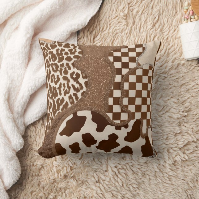Checkered Brown Wavy Mocha Aesthetic Cow Print Cut Kudde (Filt)