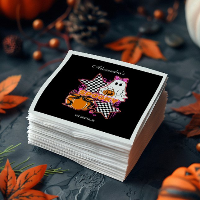 Checkered Ghost Halloween 1st Birthday Pappersservett (Skapare uppladdad)