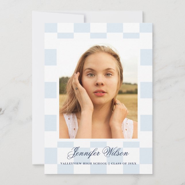 Checkered Grad graduation announcement Blue Meddelande (Framsida)