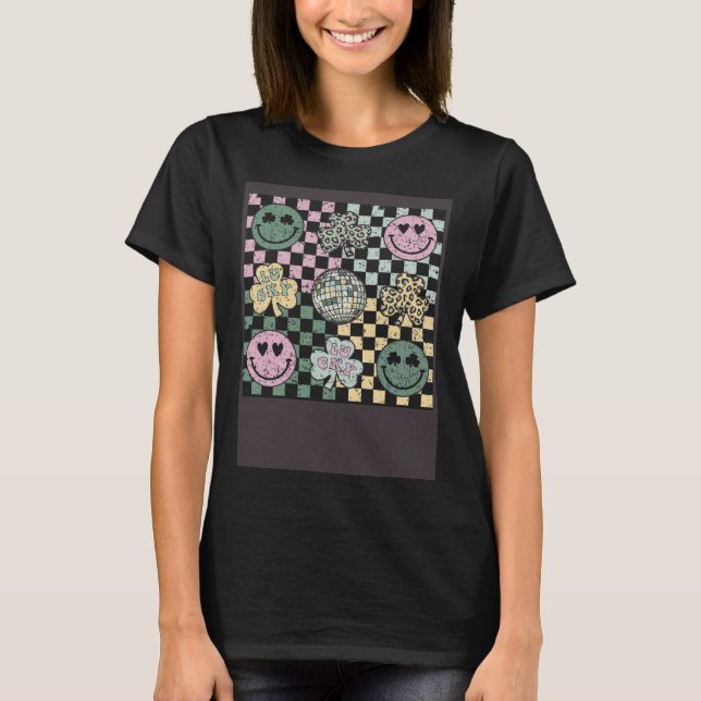 Checkered Happily Face Shamrock Disco Ball St Patr T Shirt (Framsida)