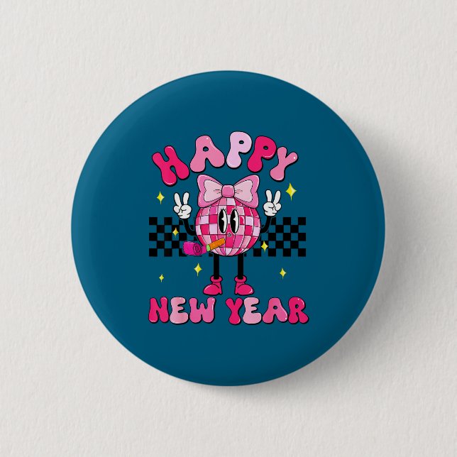 Checkered Happy New Year 2026 Disco Ball New Year  Knapp (Framsida)
