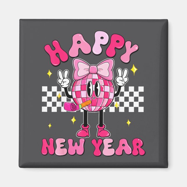 Checkered Happy New Year 2026 Disco Ball New Year  Magnet (Framsidan)