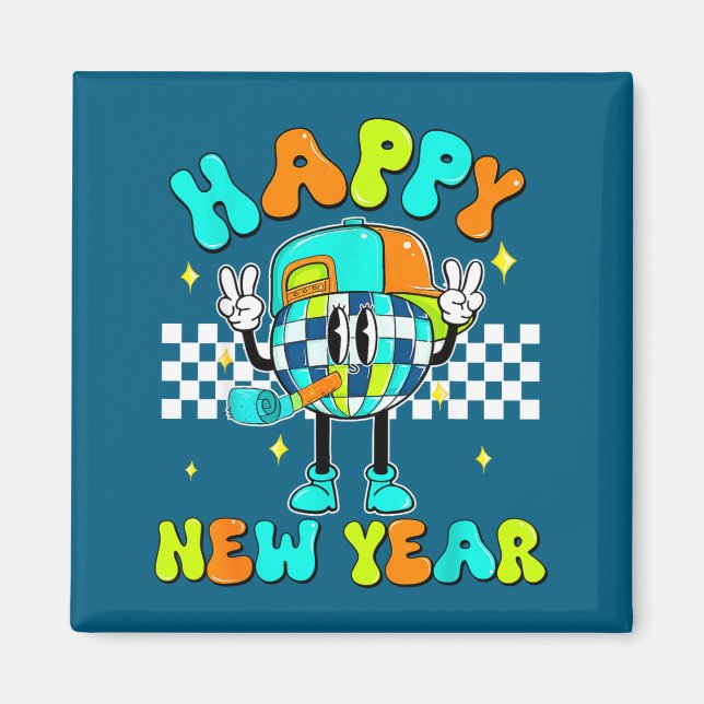 Checkered Happy New Year 2026 Disco Ball New Year  Magnet (Framsidan)