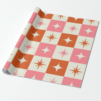 Checkered Mid Century Atomic Stars Pink Orange  Presentpapper