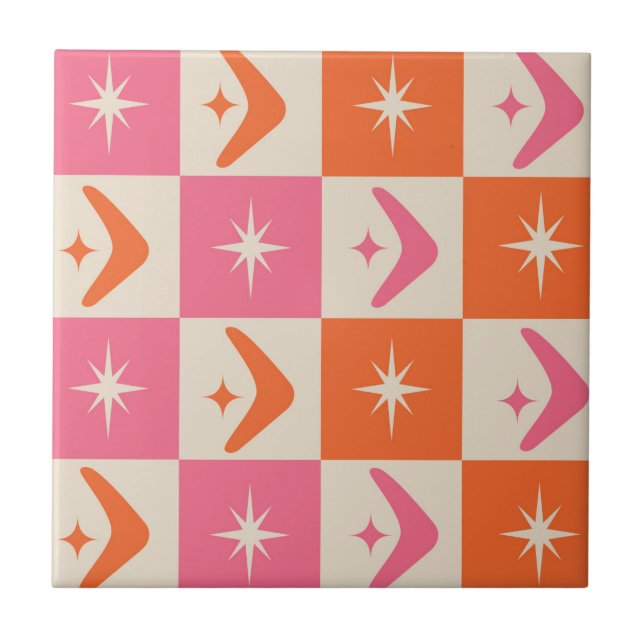 Checkered Mid Century Boomerangs pink and orange  Kakelplatta (Framsidan)