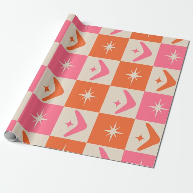 Checkered Mid Century Boomerangs pink and orange  Presentpapper (Utrullad)