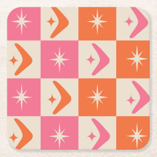 Checkered Mid Century Boomerangs pink and orange  Underlägg Papper Kvadrat