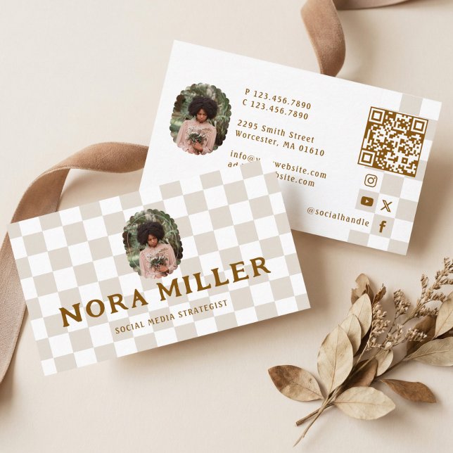 Checkered Pattern Social Media Influencer Photo QR Visitkort (Checkered Pattern Social Media Influencer Photo QR Business Card)