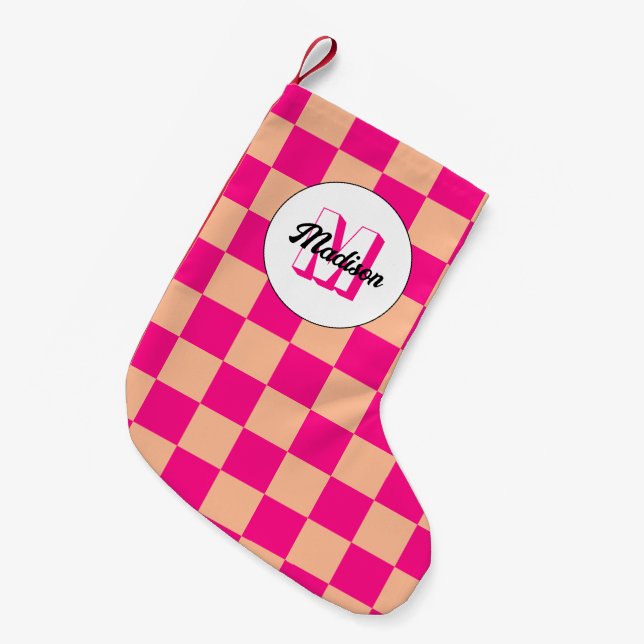 Checkered peach hot pink geometric retro Monogram Liten Julstrumpa (Framsidan (Hängande))
