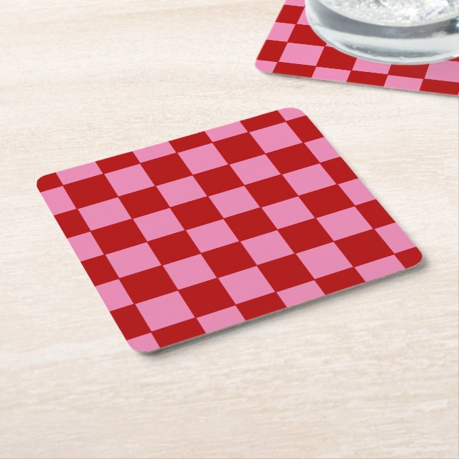 Checkered Red and Hot Pink  Underlägg Papper Kvadrat (Vinklad)